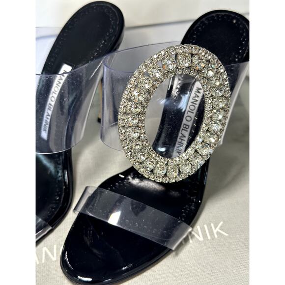 $1045 Manolo Blahnik Heels Fibionabi 105 patent Black mule Sandals Size 35.5 NEW - Picture 1 of 6